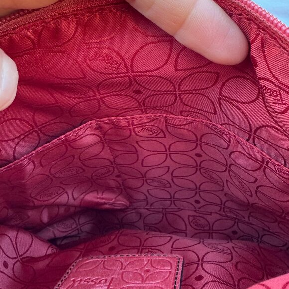 Coral Red Pink Salmon Leather Fossil Crossbody Purse - Picture 10 of 12